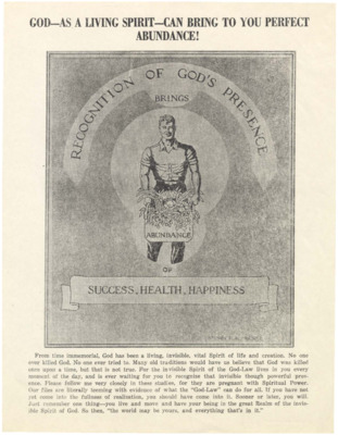 Illustration of a man carrying a basket full of harvested vegetables. A paragraph of text follows the illustration stating that God is not dead, never has been, and that the reader will realize, 'sooner or later,' what the 'God-Law' can do for him or her.