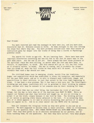 Packet that includes a letter regarding the history and development of religious thinking according to Robinson, a student testimony letter, a flyer about doubt and success, and an application for enrollment.