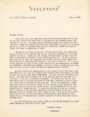 Packet begins with a letter about developments in the last 25 years and discusses the search for Truth. Packet includes flyers about success and happiness, including an illustration of a house, similar to Robinson's, and a car, similar to Robinson's Duesenberg Convertible Coupe, pulling in the driveway. The flyers ask readers if they want these things and explain how Robinson has helped 'THOUSANDS.'