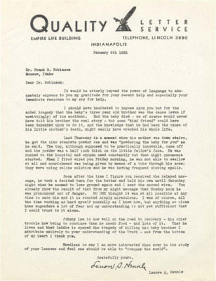 Testimonial letter from a recipient of Psychiana materials thanking Frank B. Robinson for help.
