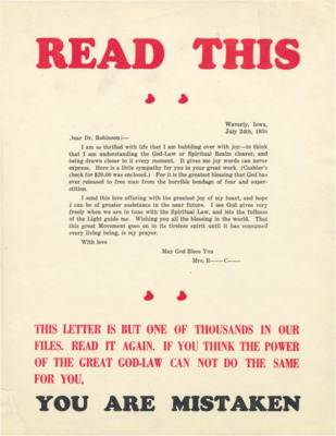 Flyer of a testimonial from a subscriber of Psychiana who sent in a donation.