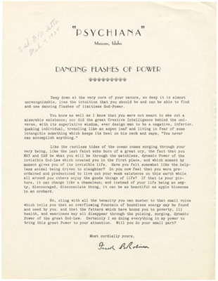 Form letter from Frank B. Robinson. Robinson discusses the God-Power.