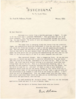 Packet includes a form letter from Frank B. Robinson and a testimonial letter.