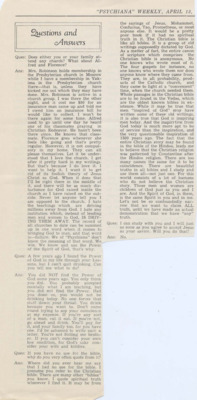 Clippings include a question and answer column with a Psychiana students who asks about the church practices of his family, confesses alcoholism, asks why Robinson quotes from the Bible if he doesn't believe it, and asks if Robinson will ever accept Jesus as his savior. Also includes latter half of an article accusing the Church of repurposed pagan doctrine and discussing the beliefs of Abraham Lincoln.