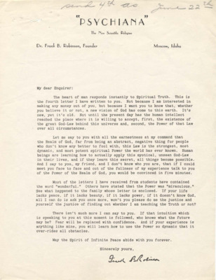 Packet includes a form letter from Frank B. Robinson and a testimonial letter.