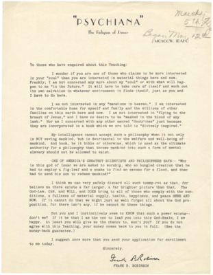 Packet includes a form letter from Frank B. Robinson and a orthodox religion urging the reader to enroll in Psychiana.