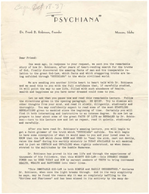 Packet includes a form letter, a letter from the Public Relations Department of Psychiana explaining why they charge for the courses, a flyer with a testimonial letter, a flyer about the power of the God Realm, and a special bulletin.