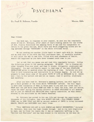 Packet includes a form letter urging the reader to enroll in Psychiana, a flyer about the Power of God, a flyer featuring a testimonial, and explanation of why Psychiana charges for the course.