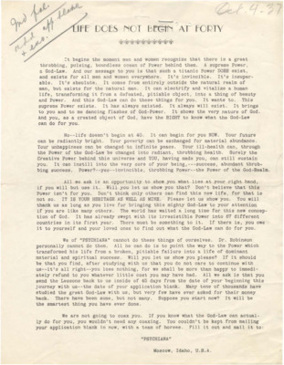 Packet includes a form letter, a flyer urging the reader to start lessons with Psychiana, a testimonial letter, a flyer about how Frank B. Robinson is a normal individual, and a flyer featuring many testimonials.