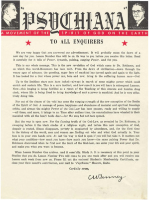 Form letter from C.W. Tenney to a recipient of Psychiana lessons.