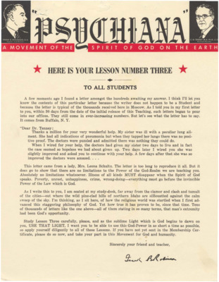 Packet includes a form letter from Frank B. Robinson and lesson number three, a lecture on God-Law.