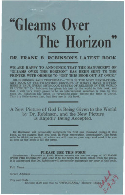 Gleams Over The Horizon book advertisement and form