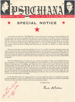 Form letter from Frank B. Robinson asking for payment for Psychiana lessons.