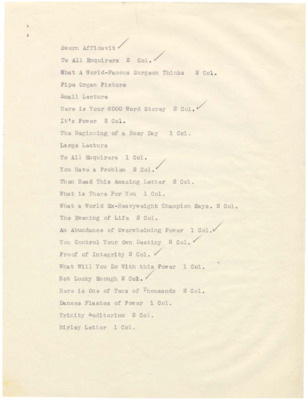 List of inserts to be included in mailing packets. Checkmarks in pencil indicate what items were inserted.