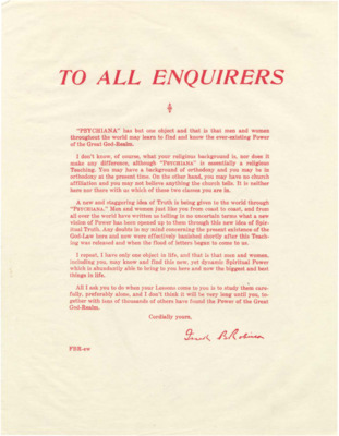 Form letter from Frank B. Robinson addressing Truth and urging the reader to read his lectures.