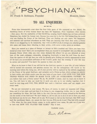 Form letter from Frank B. Robinson about the happiness and material abundance that can be achieved with Psychiana.