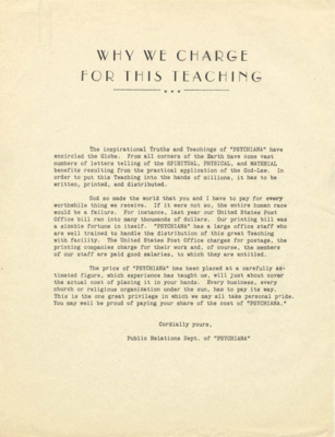 Form letter from Psychiana explaining why they charge for their teaching.