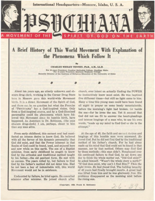 Multiple-page pamphlet that would ostensibly precede Robinson's lessons for individuals who had purchased a subscription to his teachings. Gives a history of the movement, Robinson, and outlines basic tenets of Psychiana.