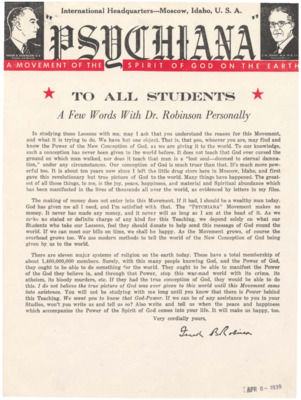 Form letter from Robinson to all students regarding the centrality of the student for Psychiana, not money.
