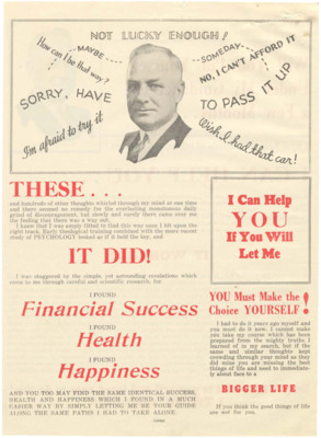 Flyer promoting the apparent material abundances that can happen once one enrolls in Psychiana.