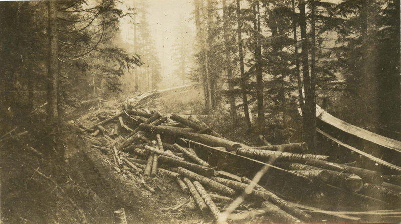 A clogged log flume with logs spilling out onto the ground in a forested area at Lieberg Creek by the Little North Fork Coeur d'Alene River.