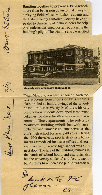 A newspaper clipping detailing the plea to preserve the Moscow High School.