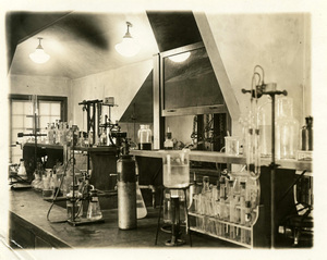 Lab within Morrill Hall, looking at glass chemistry equipment.