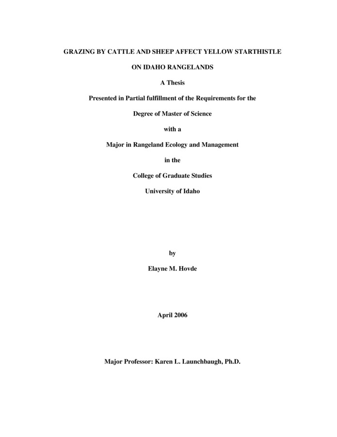 Thesis by Elayne Hovde concerning Livestock, Grazing, Invasive Plants and other subjects
