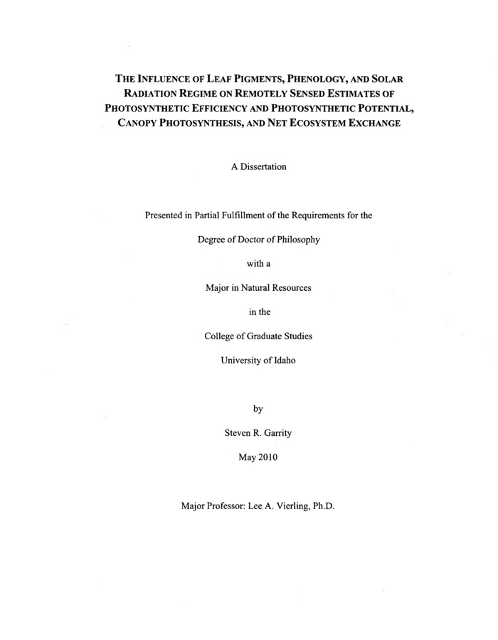 Dissertation  by Steven Garrity concerning Remote Sensing, Ecology and other subjects