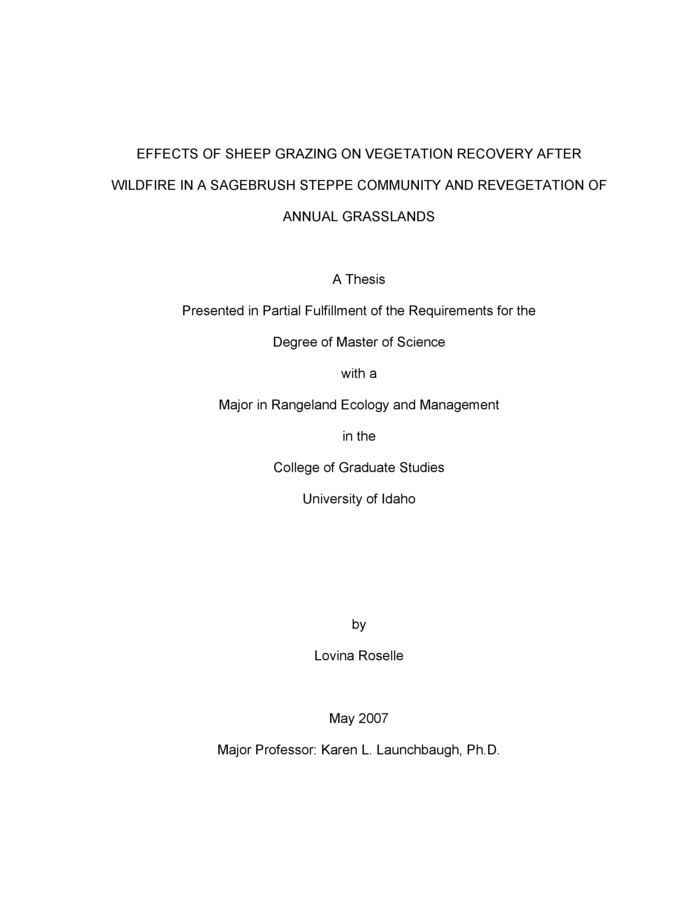 Thesis by Lovina Roselle concerning Grazing, Fire, Livestock and other subjects