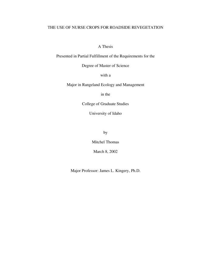 Thesis by Mitch Thomas concerning Restoration, Plant Communities, Native Plants and other subjects