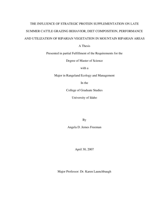 Thesis by Angela Freeman concerning Grazing, Livestock, Rangeland Management and other subjects