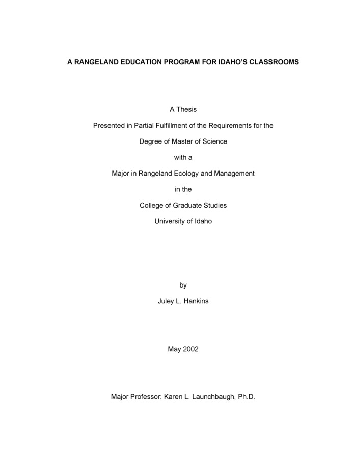 Thesis by Juley Hankins concerning Teachers, Education, Rangeland Management and other subjects