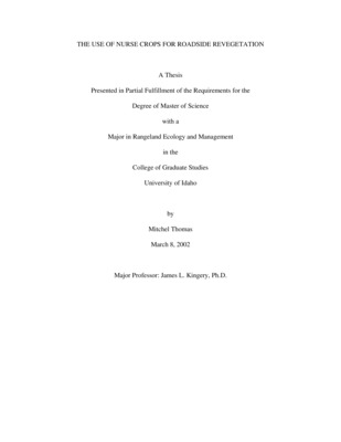 Thesis by Mitch Thomas concerning Restoration, Plant Communities, Native Plants and other subjects