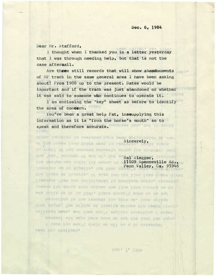 A letter from Hal Riegger to Patrick W. Stafford regarding abandonments of Northern Pacific Railroad lines.