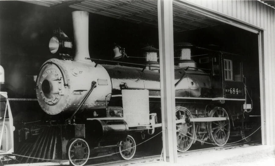 Northern Pacific Train Engine 684, being kept inside a shed, located at Fargo.