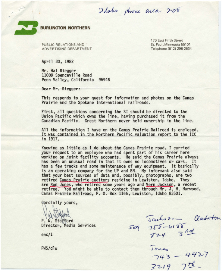 A letter from P.W. Stafford of Burlington Northern Railroad to Hal Riegger in which Stafford responds to Riegger's request for information and photos on the Camas Prairie and Spokane International railroads.