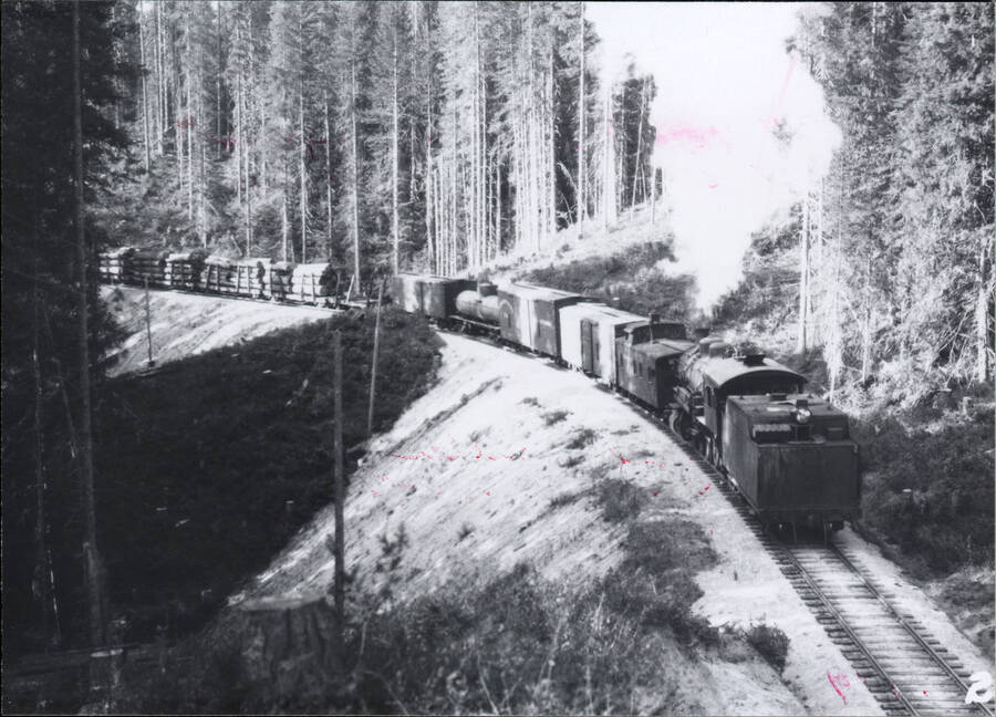 A photograph of a freight train carrying logs through a mountainous, coniferous forest. Located '3 and 1/2 miles South of Headquarters,' according to caption.