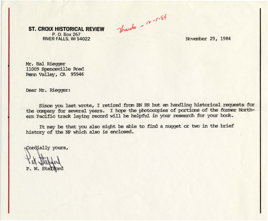 A letter from Patrick W. Stafford to Hal Riegger in which Stafford informs Riegger that he has retired from Burlington Northern but is still handling historical requests for the company.