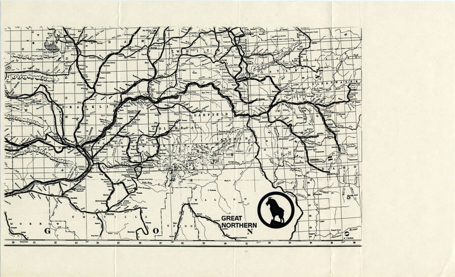 A map of the Northern Pacific Railroad company, and multitudes of their routes in Eastern Washington and Northern Idaho. This map is referenced in Hal Riegger's December 14, 1984 letter to Patrick Stafford.