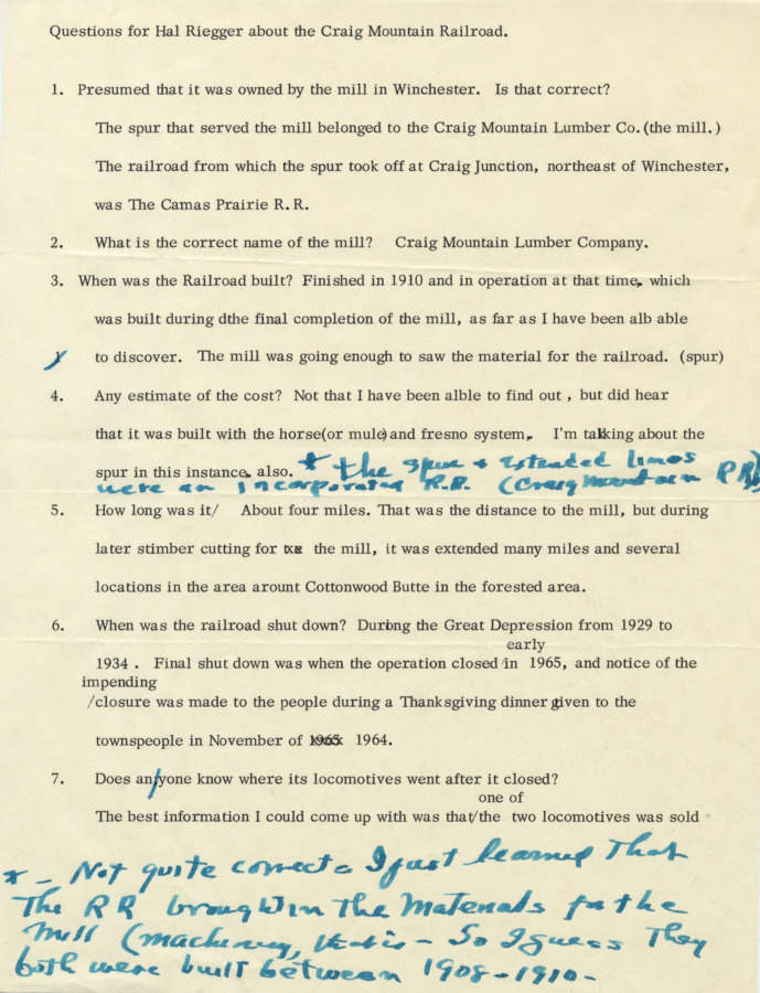 A document containing typed answers to a list of 9 questions about the Craig Mountain Railroad, answers provided by Hal Riegger. Questions assumed to be created by John Ulrich, or 'Jack'.
