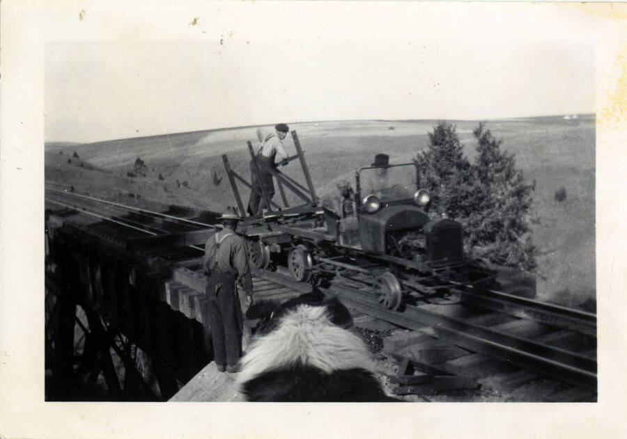 A photograph of a man operating a passenger car, moving across Bridge 38. Pictured in the foreground is a man supervising the action, as well as the back of the head of a dog.