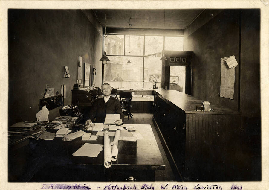A photograph of Z.A. Johnson in his office, located inside the Kettenbach Building on West Main St., Lewiston, ID.