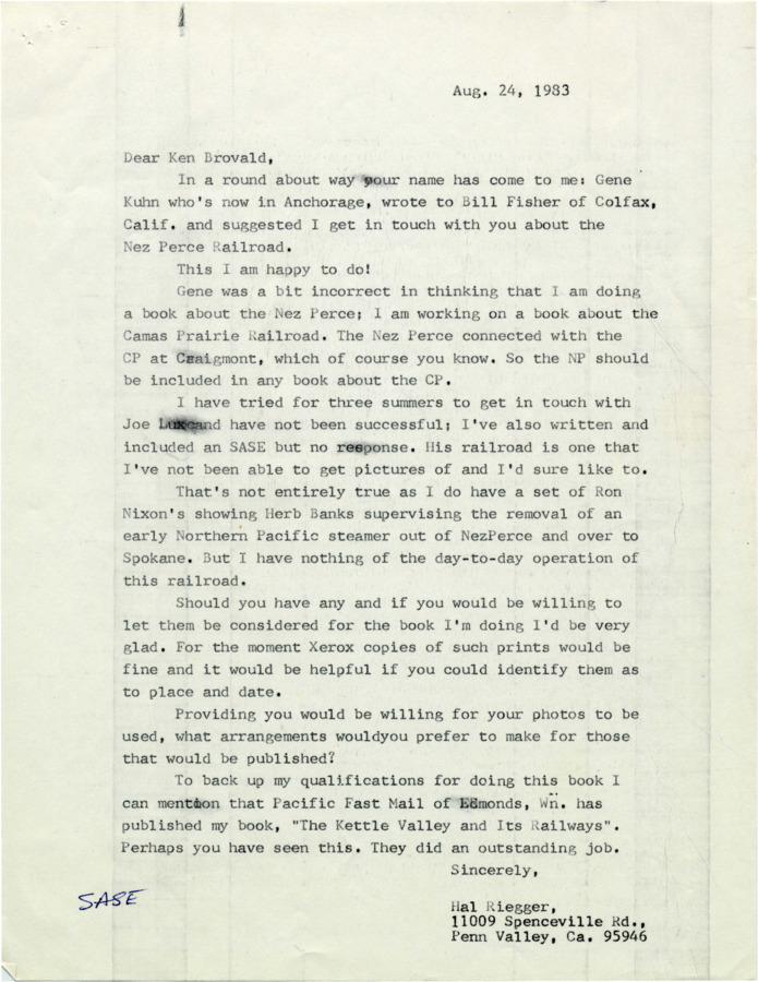 A letter from Hal Riegger to Ken Brovald regarding Riegger's railroad research.