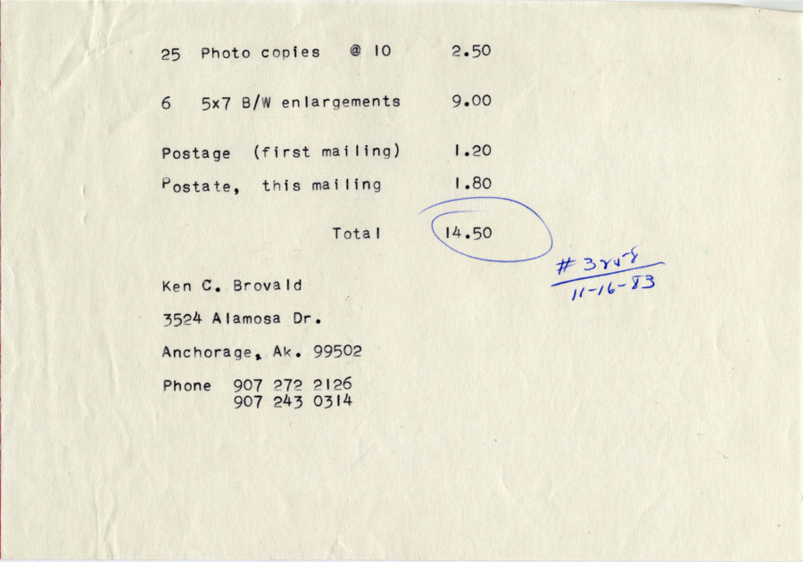 An old receipt of 25 photocopies made by Ken C. Brovald, included in a letter to Hal Riegger in which Brovald requests reimbursement.
