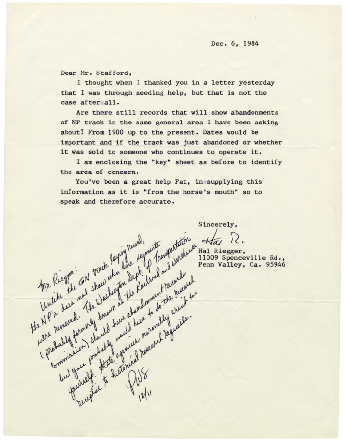 A December 6, 1984 letter from Hal Riegger to Patrick W. Stafford, and Mr. Stafford's December 11, 1984 response.