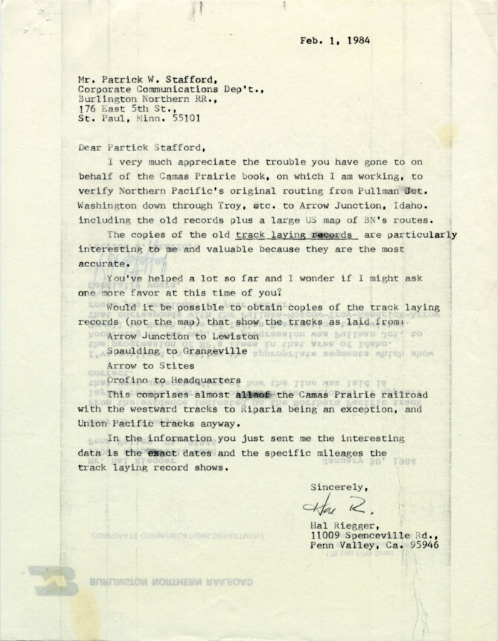 A letter from Hal Riegger to Patrick W. Stafford regarding track laying records for several Northern Pacific lines.