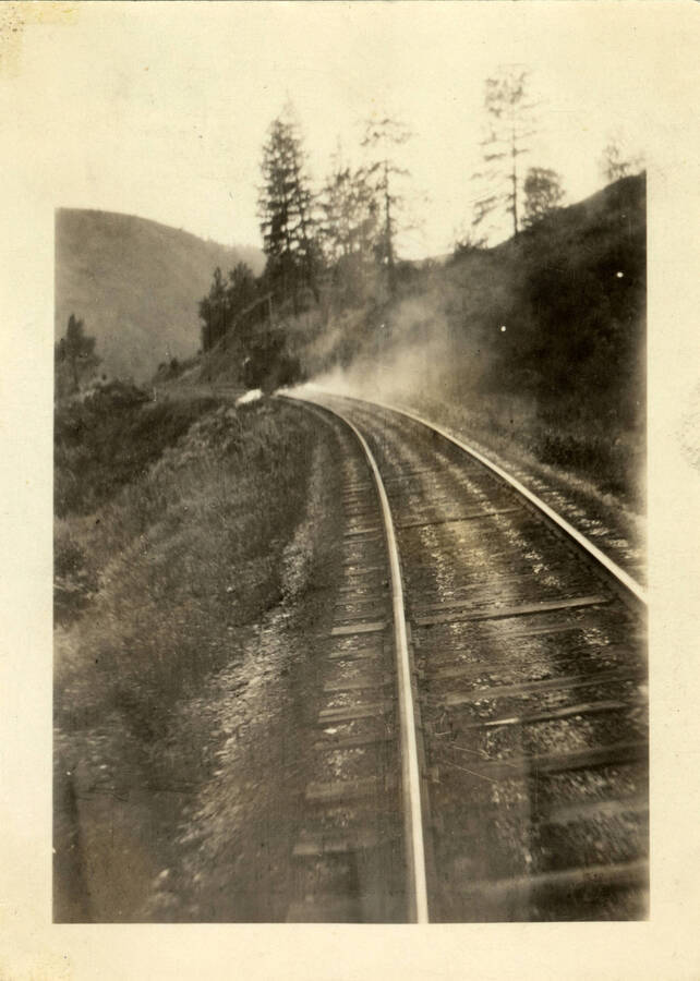 A photograph of a fir bluff weed burner in the distance removing plant growth on the railroad.