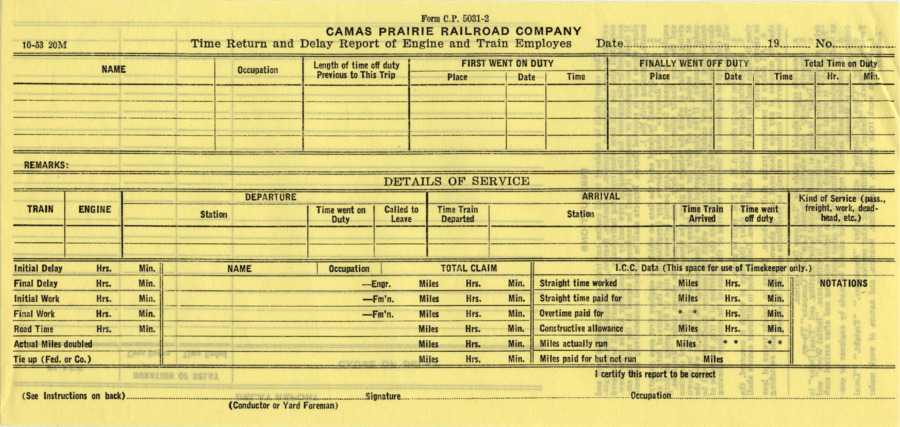 A souvenir sample copy of a Camas Prairie Railroad Company Time Sheet.