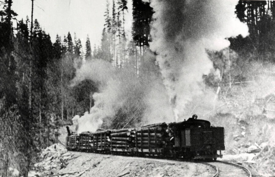 A photograph of a train engine transporting lumber near Headquarters, Idaho.